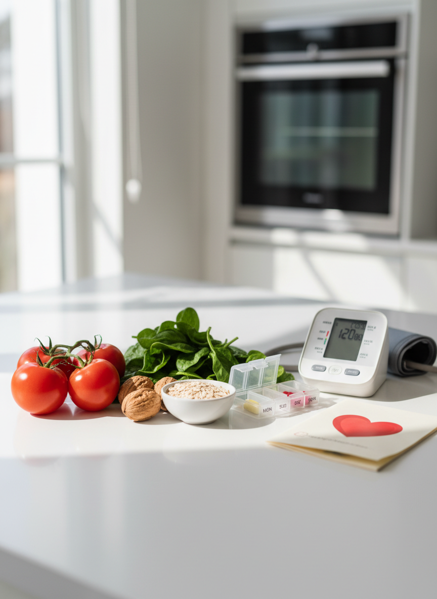A detailed photographic image of heart-healthy lifestyle elements arranged carefully on a white kitchen countertop, presented in a clinical yet approachable style. Fresh red tomatoes, leafy green spinach, walnuts, and a small bowl of oats are organized beside a transparent pill organizer labeled for the week and a home blood pressure monitor with a clear digital reading. A subtle, stylized red heart icon is printed on a folded information leaflet nearby. Natural daylight from a side window creates soft highlights on the fresh produce and gentle shadows, giving the scene a bright, hopeful feeling. Shot from a slightly elevated angle with a shallow depth of field and clean, modern composition, the mood emphasizes practical, evidence-based heart-health guidance.