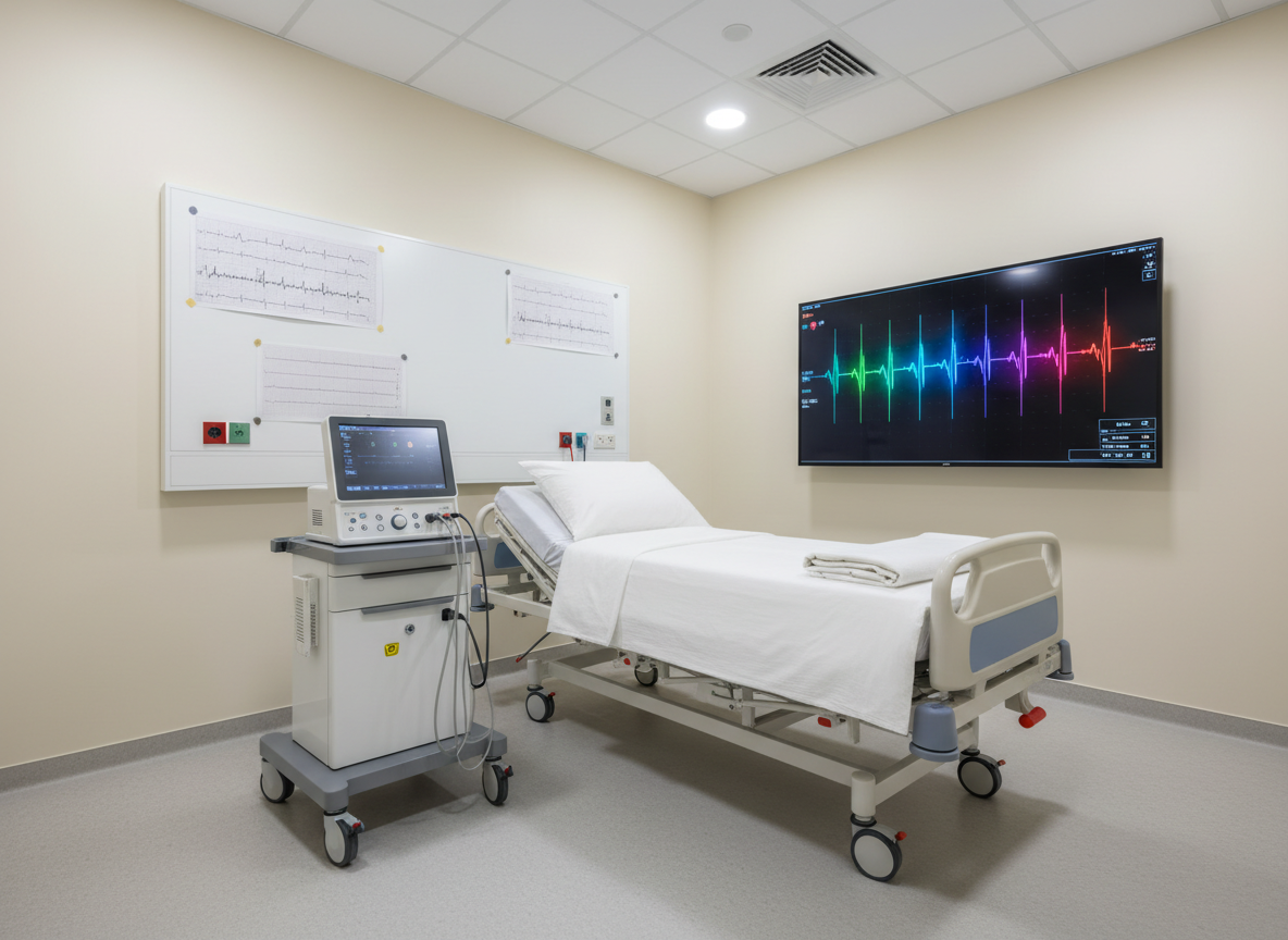 A photographic realism scene of advanced cardiology diagnostics equipment in a hospital-style setting, with no people present. A modern ECG machine on a wheeled cart stands beside a neatly made examination bed with crisp white sheets. Behind, a wall-mounted panel displays printed ECG strips and a large, high-resolution screen shows a colorful, real-time heart rhythm trace against a dark background. The room features soft neutral walls and polished flooring, illuminated by bright but diffused overhead medical lighting that minimizes harsh shadows. Captured from an eye-level angle with moderate depth of field, the composition highlights precision, cleanliness, and cutting-edge cardiac diagnosis in a calm, professional environment for a consultant cardiologist’s services page.