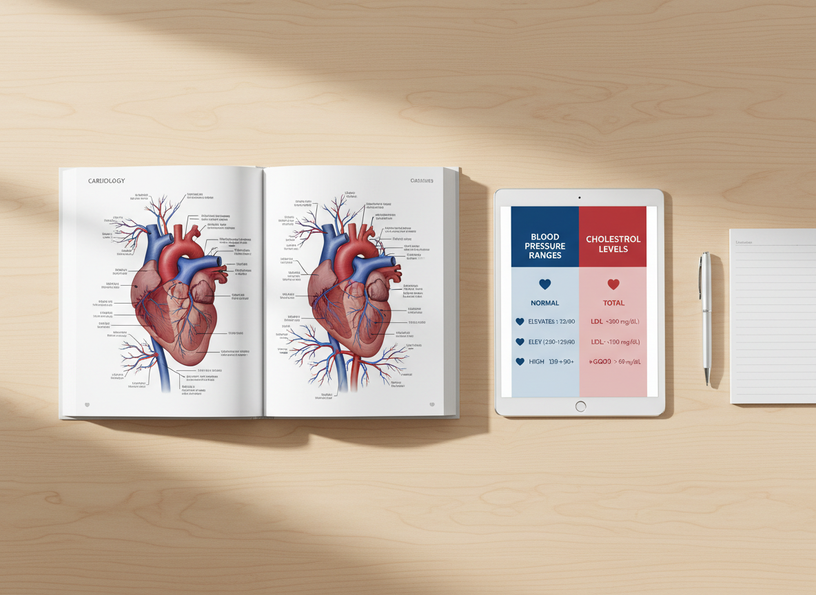 A high-resolution photographic image of a minimalist heart-health education scene: an open medical textbook on cardiology lies on a smooth light-wood desk, pages filled with detailed, full-color heart diagrams and clearly labeled arteries. Nearby, a slim tablet displays a clean infographic about blood pressure ranges and cholesterol levels, with simple icons in deep blue and red. A pen and small notepad rest neatly beside them. Soft morning daylight from the left creates gentle shadows and a calm, studious mood. Shot from a top-down, bird’s-eye perspective with balanced framing and plenty of negative space, the aesthetic is clean, modern, and professional, ideal for heart-health guidance content.