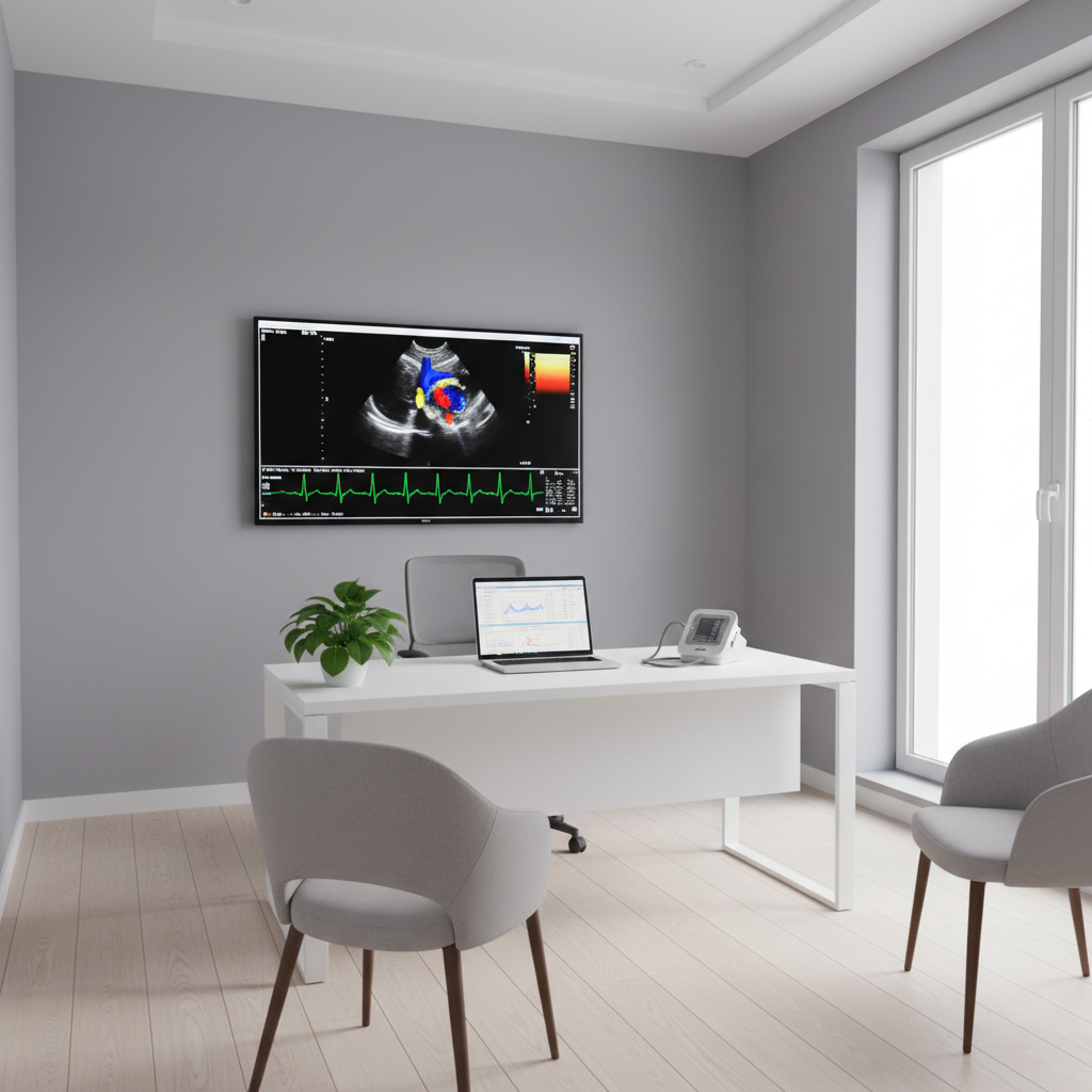 A photographic realism image of a sleek, modern cardiology consultation room without any people, featuring a large wall-mounted medical monitor displaying a detailed, colorful echocardiogram and ECG trace. A clean white desk holds an open laptop showing structured heart-health data and a neatly placed digital blood pressure monitor. The room has muted gray walls, a pale wooden floor, and a small potted green plant for warmth. Soft, even overhead lighting and a touch of natural window light create a bright, clinical yet welcoming atmosphere. Captured from a slightly elevated angle with sharp focus throughout, the composition emphasizes organization, professionalism, and advanced cardiac care technology for a consultant cardiologist’s practice.