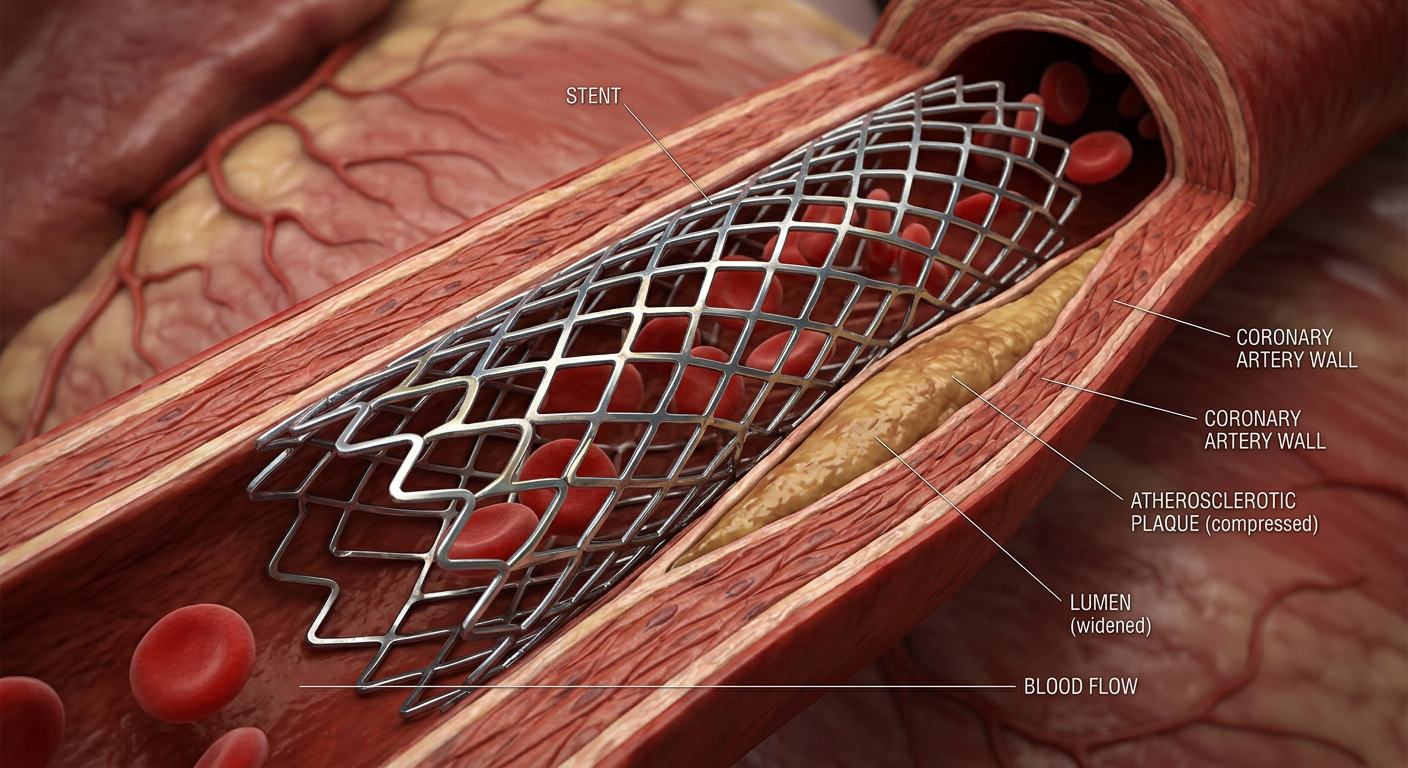 A high-resolution photographic image of a minimalist heart-health education scene: an open medical textbook on cardiology lies on a smooth light-wood desk, pages filled with detailed, full-color heart diagrams and clearly labeled arteries. Nearby, a slim tablet displays a clean infographic about blood pressure ranges and cholesterol levels, with simple icons in deep blue and red. A pen and small notepad rest neatly beside them. Soft morning daylight from the left creates gentle shadows and a calm, studious mood. Shot from a top-down, bird’s-eye perspective with balanced framing and plenty of negative space, the aesthetic is clean, modern, and professional, ideal for heart-health guidance content.